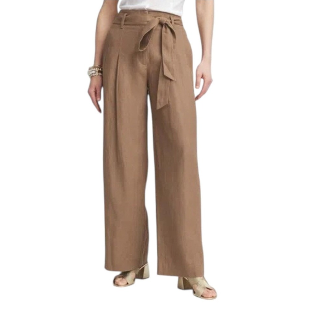 Chicos NEW Pleated Wide Leg Linen Pants Teakwood Brown Belted NWT Size 1.5 10